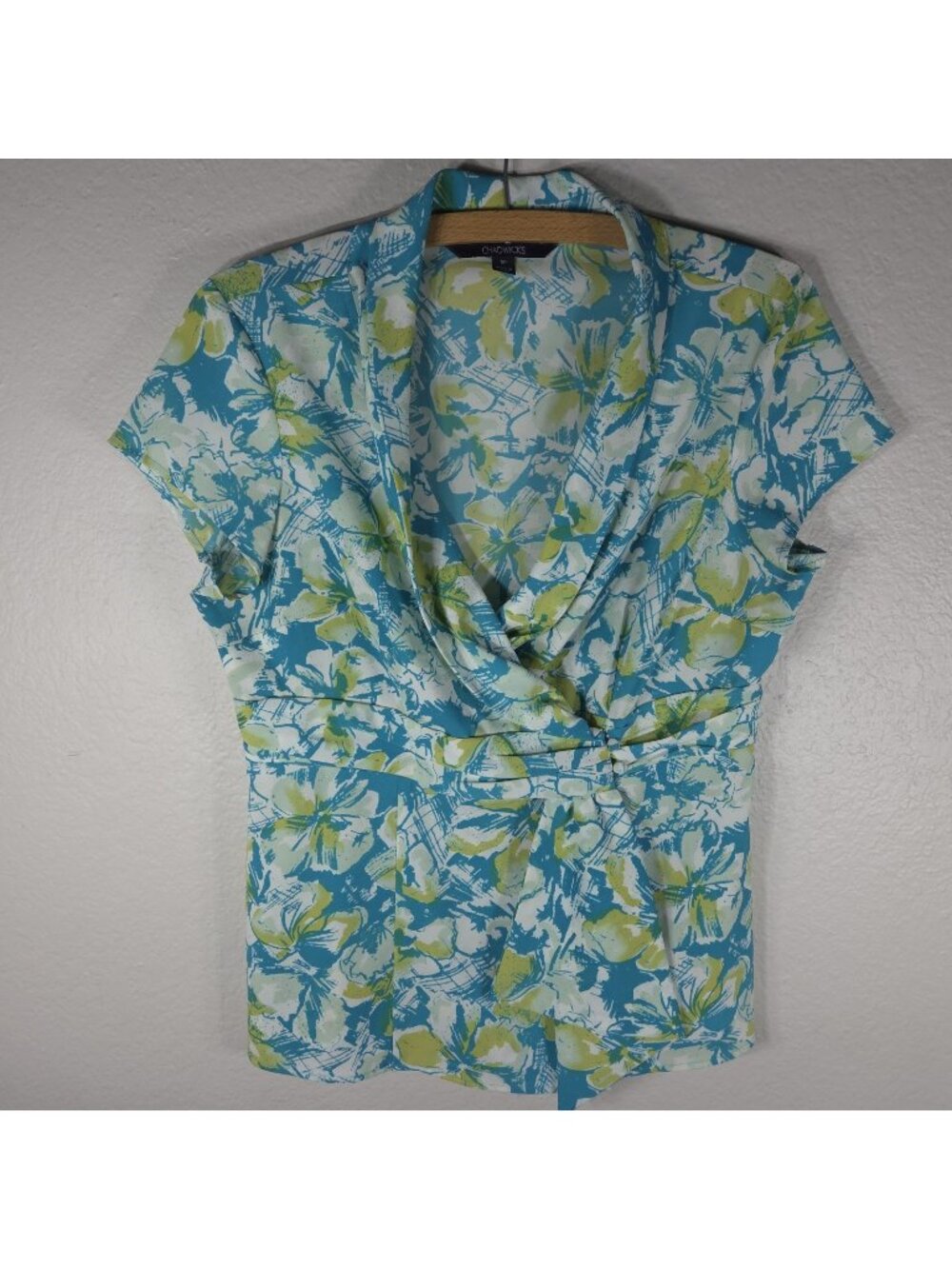 Chadwicks Floral Faux Wrap Bodice Top Blouse Petite 8P Green Floral Cap Sleeve